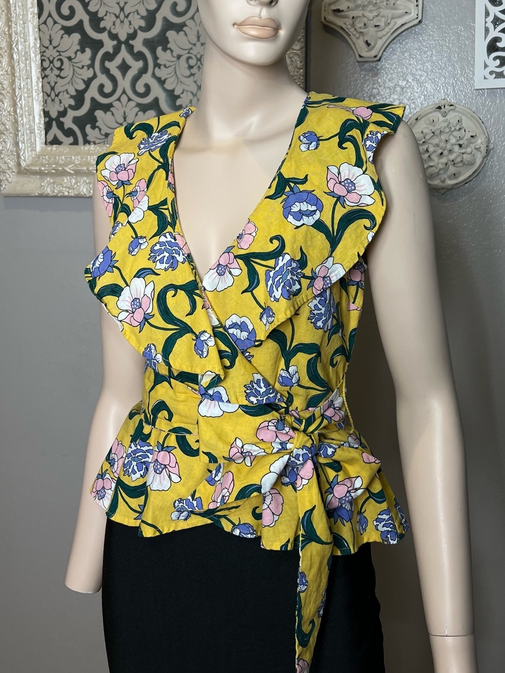 Moon River Yellow Floral Ruffle Wrap Top